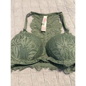 PINK Victoria Secret Bra olive green Bralette Lace Push Up Racer Back Size 34 B